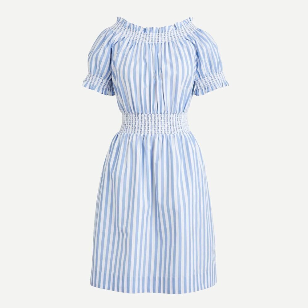J. Crew Smocked Puff Sleeve Cotton Poplin Dress in Stripe Blue White Women's L